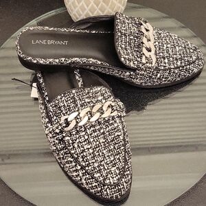 Lane Bryant Black and White Tweed Mules Slip On Flats 11 Wide